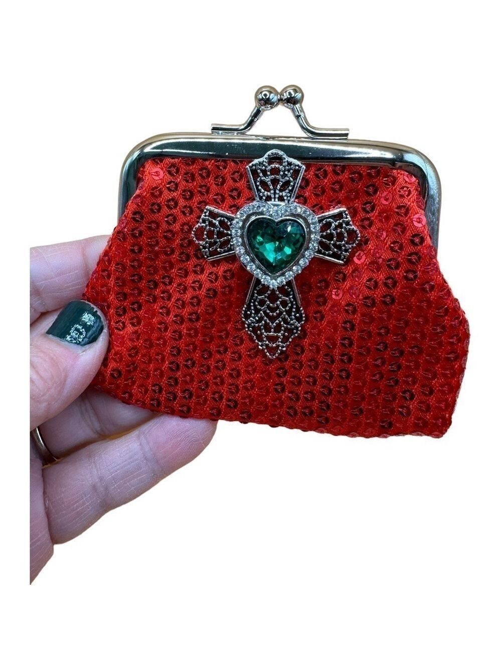 Ruby Red Sequin Change Purse w/ Silver Cross & 18mm Green Heart Ginger Snap